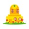 A bright fairy house surrounded by grass and flowers. A magical house for your creative design.