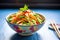 bright fattoush bowl with colorful bell peppers on top
