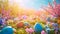 A bright and festive Happy Easter background with a vibrant array of decorated Easter eggs, playful bunnies and spring