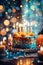 A bright festive homemade birthday cake with flickering candles