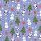 Bright, festive pattern with snowman, penguin, Christmas tree