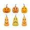 A bright festive set with the image of emotional pumpkins of various shapes and colors, symbolizing Halloween. Orange