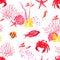 Bright fishes,crab, corals watercolor seamless vector pattern