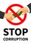 Bright flat businessman hand taking the bunch on banknotes with forbidden sign, stop corruption concept poster