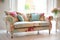 bright floral sofa in shabby chic living room