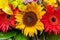 Bright flower bouquet with sunflowers. Nature background