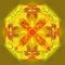 BRIGHT FLOWER MANDALA. CENTRAL FLOWER IN YELLOW, LIGHT GREEN, BROWN AND ORANGE. PLAIN OLIVE BACKGROUND
