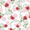 Bright flower seamless pattern with watercolor hand drawn rose, peonies, green foliage, leaves and branches