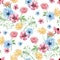 Bright flower seamless pattern with watercolor hand painted wildflower, rose, anemone, dandelion, green foliage