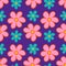 Bright flowers seamless pattern on a purple background. Hippy floral background in 1970s flat cartoon style