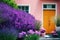 Bright front door of house in yellow pink tones