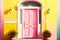 bright front door of house in yellow pink tones