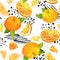 Bright fruit design with citruses, oranges, leaves, dots, lines. Summer seamless pattern. Trendy watercolor hand painted