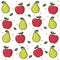 Bright fruit: pear, apple. Fruit print on white background. Ripe red apple with leaf.  Ripe pear with a leaf. Vector pattern back