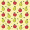 Bright fruit: pear, apple. Fruit print on on yellow lines background. Ripe red apple with leaf.  Ripe pear with a leaf.