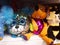 Bright and funny fashionable plush toys with sequins on a shelf of a children`s store