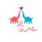 Bright funny greeting card with in love kissing dinosaurs