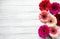 Bright gerbera flowers on a white wooden background