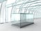 Bright glass corridor or tunnel with glass box for exibition in