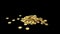 Bright gold coins with a dollar sign are falling from the side against a black background. There is also a green background.