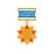 Bright golden medal in star shape. Army reward with blue striped ribbon. Reward for honor and bravery. Flat vector icon