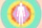 Bright, grainy retro aura layers - aqua yellow, pink, orange, rainbow energy field with human figure, body - background