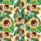 Bright graphic wonderful colorful lovely yellow orange autumn herbal floral sunflowers with green leaves pattern watercolor