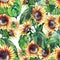Bright graphic wonderful colorful lovely yellow orange autumn herbal floral sunflowers with green leaves pattern watercolor hand i