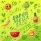 Bright green background with crazy funny fruit characters. Cheerful food emoji present super sale banner