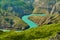 A bright green blue winding river in the mountains.Sulak canyon, Dagestan