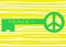 A bright green colored key with a peace symbol ring for key chain hooking against a light yellow striped backdrop
