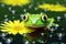 a bright green frog on a dew-covered lily pad in a tranquil pond