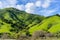 Bright green hills and white, fluffy clouds on a sunny day in south San Francisco bay area, California