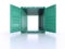 Bright green open empty metal shipping container on white background