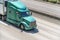 Bright green powerful big rig semi truck transporting cargo in refrigerated semi trailer driving on highway