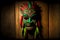 bright green-red tiki mask of indians hanging on wooden wall