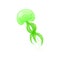 Bright green swimming jellyfish. Marine animal with umbrella-shaped body and long tentacles. Flat vector for children