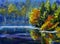 Bright green trees are reflected in the water. Landscape is summer on the water. Nature. River bank. Rural landscape. Original Oil