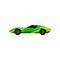 Bright green-yellow racing car. Fast sports automobile with tinted windows. Flat vector element for mobile game