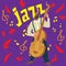 Bright greeting card. Poster of jazz music. Man plays a Contrabass. Vector illustration.