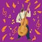 Bright greeting vector illustration. Poster with musician. Contrabass player. Man plays a Contrabass.