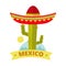 Bright grunge mexican logo or print vector - colorful sombrero and cactus vintage print
