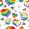 Bright hand drawn seamless pattern on white background. Grunge hearts in rainbow color. LGBT pride symbols.