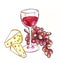 Bright hand drawn watercolor wine design elements in vino veritas verity in wine. Cheese, olives, grapes glass, lettering