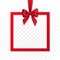 Bright holiday gift box frame banner hanging with red ribbon and silky bow on transparent background. Vector illustration