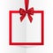 Bright holiday gift box frame banner hanging with red ribbon and silky bow on white background. Vector illustration