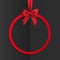 Bright holiday round frame banner hanging with red ribbon and silky bow on black background. Vector illustration