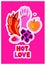 Bright hot sensual composition of hands, chili, kiss and peach on pink background. Vector illustration for Valentine