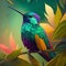 Bright illustration of a beautiful rainbow hummingbird among leaves.