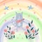 Bright illustration of cat with a guitar, birds, flowers, hearts and rainbow. Cute cartoon drawing. Valentines color